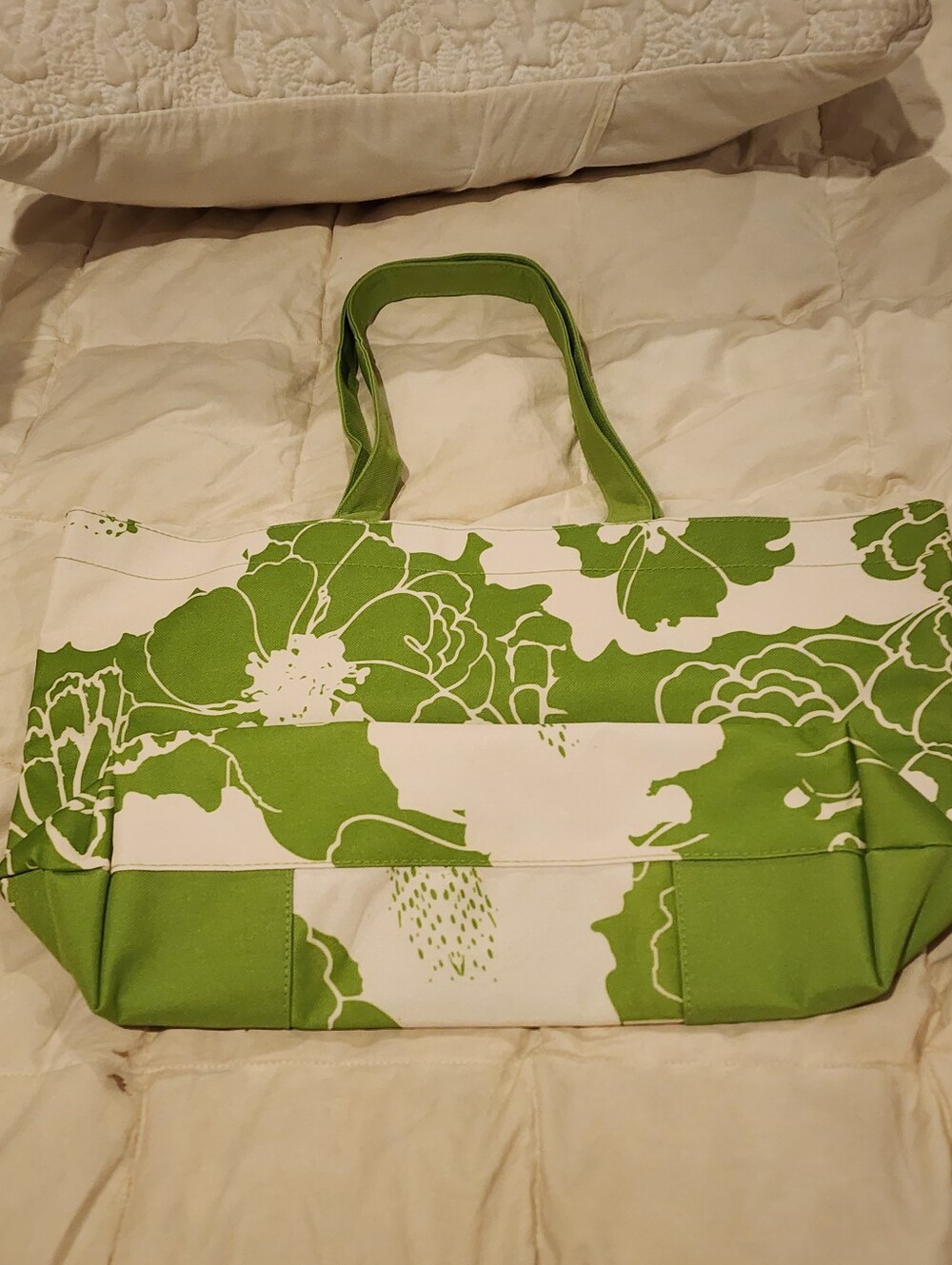 Lancome Green and White Floral Canvas Tote Bag. New